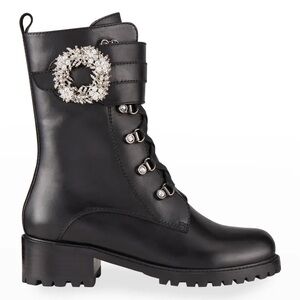 Allegra James Black Lace-Up WIN Moto Boot with Crystal Wreath Accent